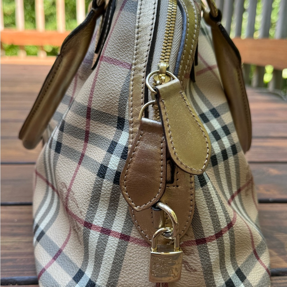 Burberry Haymarket Check Pattern Metallic Handle Thornley Satchel Bowling Bag - Picture 7 of 16